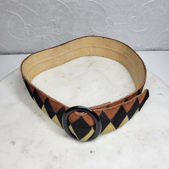 Vtg Saint Laurent Rive Gauche Suede Belt France Bakelite Buckle Geometric 31” - Picture 2 of 14